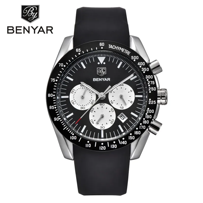 silver black Топ люксовый бренд BENYAR мужские водонепроницаемые кварцевые часы многофункциональные часы времени спортивные мужские часы Relogio Masculino - Цвет: silver black