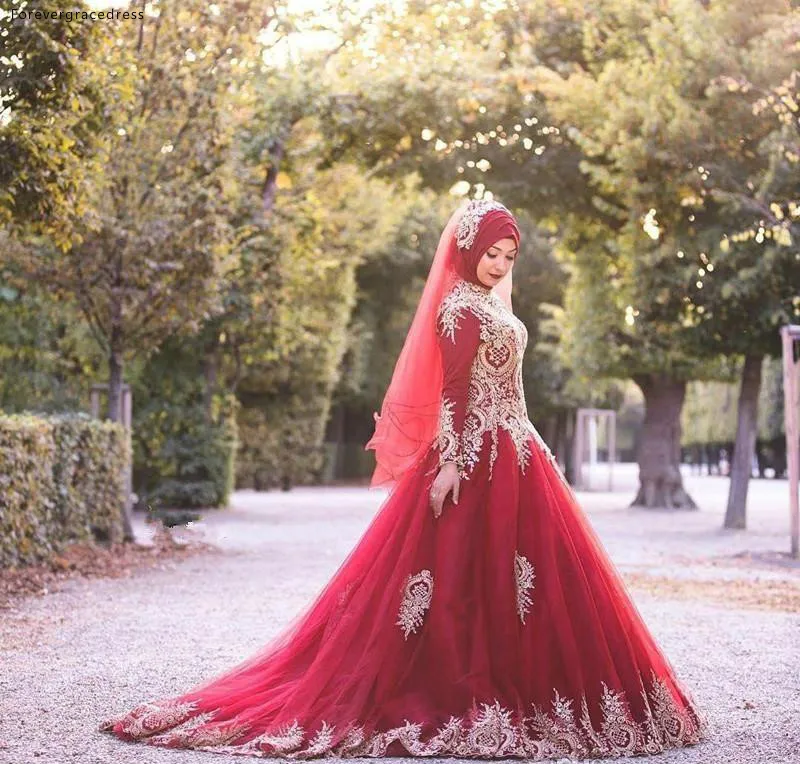 Dark Red Muslim Dubai Wedding Dresses With Gold Appliqued Long Sleeves A-Line Beaded High Neck with veil Sweep Train Plus Size Bridal Gowns  177 (7)