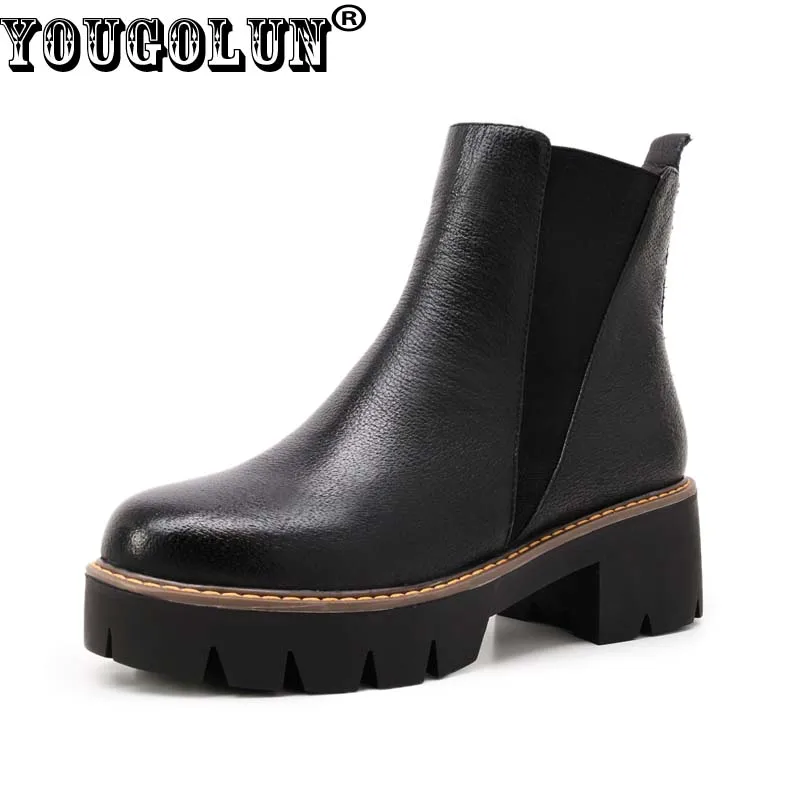 YOUGOLUN Women Ankle Boots 2017 Autumn Black Genuine Leather Square Heel 5 cm Heels Thick Heel