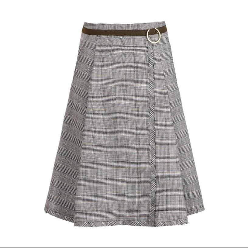 Autumn Winter Midi Skirt High Waist Retro A Line Plaid Skirts Womens