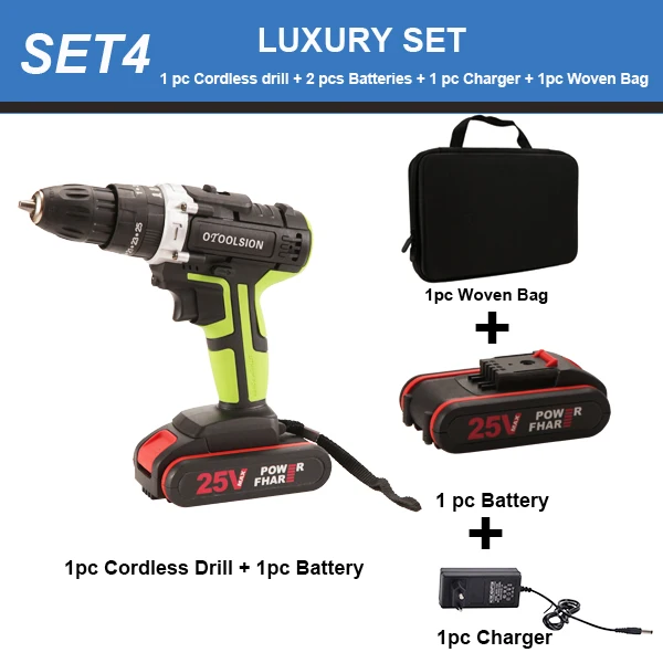 25V Electric Tools Impact Drill Impact Electric Screwdriver Impact Cordless Drill Electric Drill Battery Screwdriver 25+3 Torque - Цвет: Set4 (2 pcs Battery)