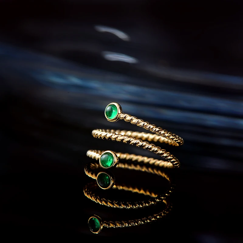 CaiMao Smalle Bezel 0.24ct Natural Cabochon Emerald Exquisite Ring 14K Yellow Gold Wedding Band Resizable