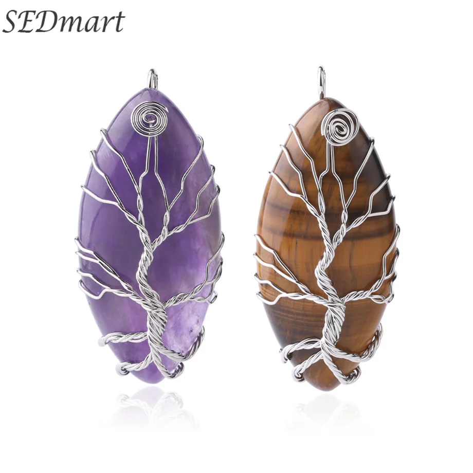 

SEDmart Natural Stone Marquise Shape Necklace Pendant Purple Crystal Lava Quartz Silver Color Wire Wrap Tree Women Men Jewelry