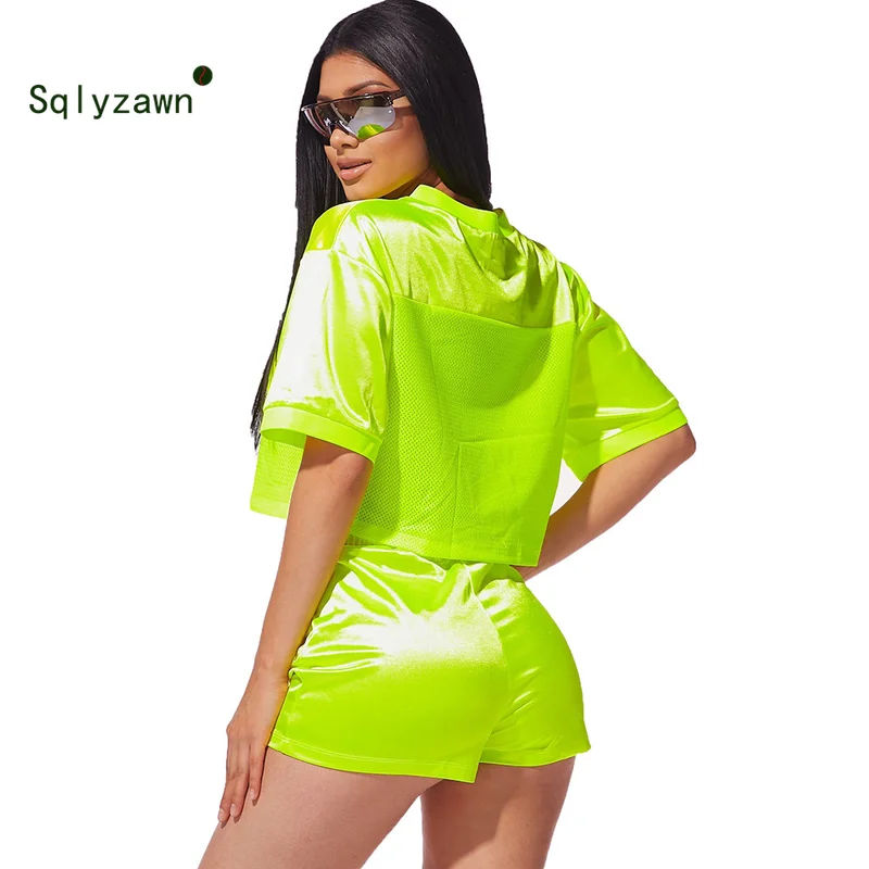 

Two Piece Set Fluorescent Green Quick Drying Mesh Top + Fitness Shorts Set Short Sleeve Bodycon Sportwear Casual Lady Tracksuit