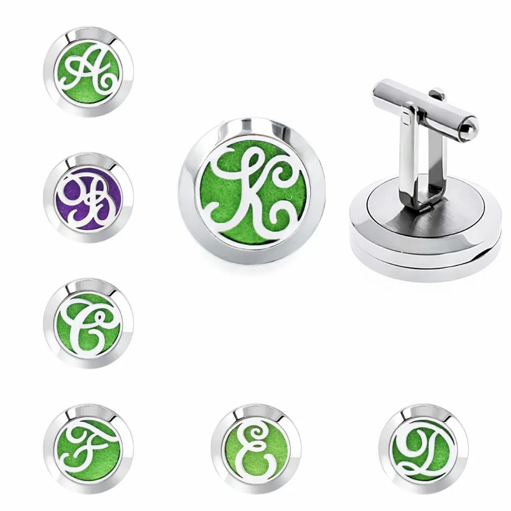 

New English letters 20mm Stainless Steel Cufflinks Diffuer Locket Cuff Link Aromatherapy Essential Oil Cuff Button 10pcs Pads