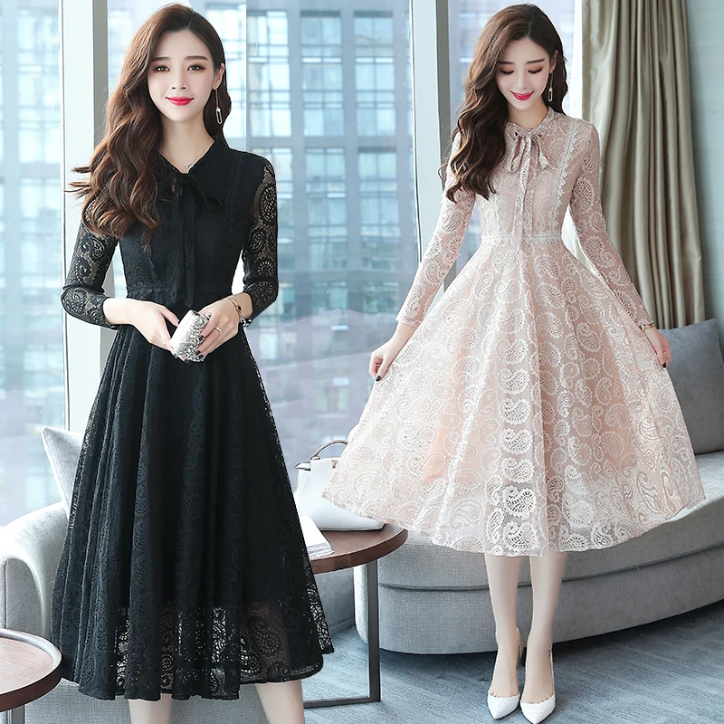 Женщин осень и зима 2XL большой размер с длинным рукавом ретро кружева черный миди платье женская бабочка платье розовое платье вечернее платье с длинным рукавом T платье