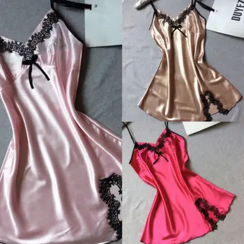 

2019 Sexy Lingerie Women Silk Lace Robe Dress Solid Color Nightdress Nightgown Sleepwear