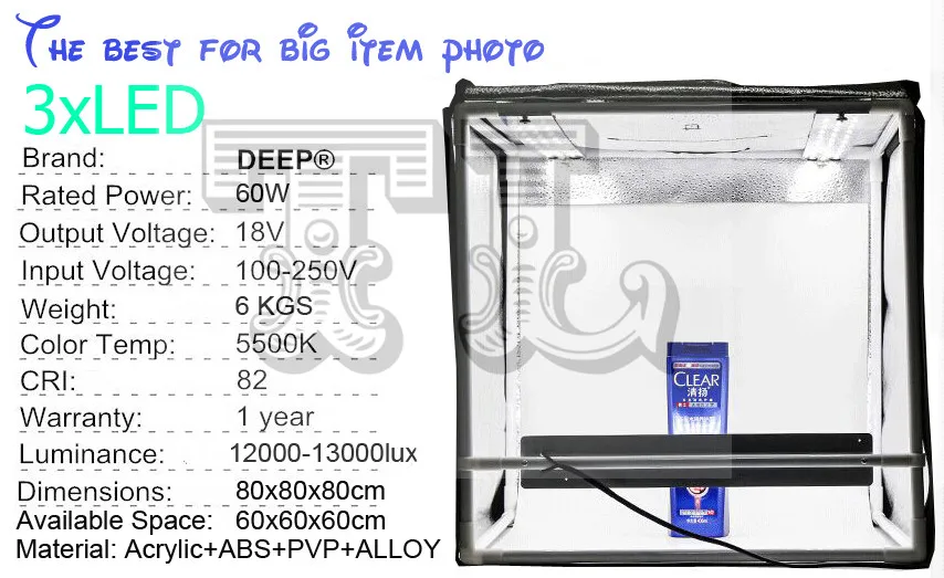 

3PCS LED 80x80 x 80CM Deep Photo Box Photo Studio soft box Shooting Tent photo light tent 2 Backdrops Power Supply White Diffuse