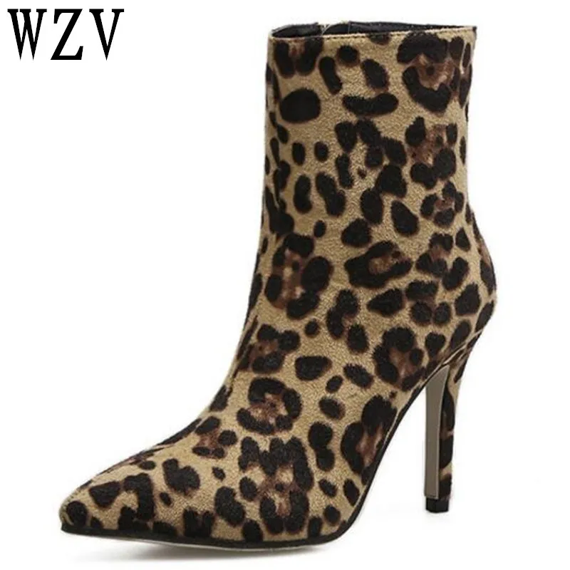 

Women Boots High Heels Ankle Boots Fashion 2018 Autumn Leopard print stiletto Ladies Short Boots Shoes Female Shoes D092