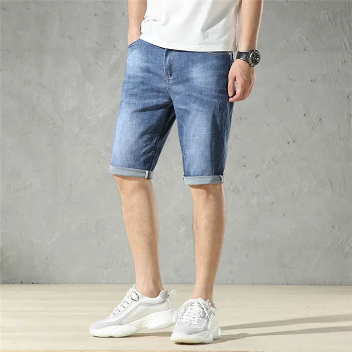 Летние новые джинсовые шорты мужские деловые повседневные облегающие синие джинсы до колена наивысшего качества стрейч микро тянущаяся одежда, TN320