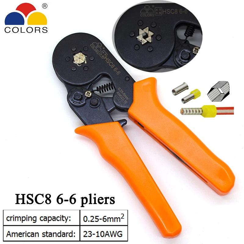 COLORS HSC8 6-6 crimping pliers 0.25-6mm2 23-10AWG for tube terminal Hexagon pressure mini type round nose european brand tools