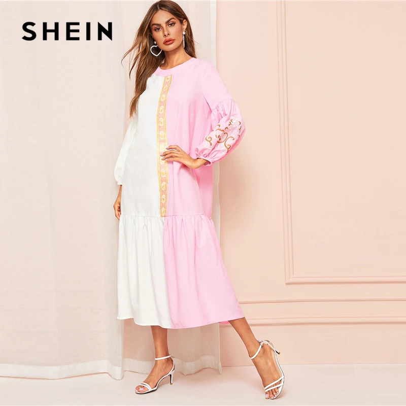 SHEIN كشكش الكم الزهور المطرزة الذاتي مربوط فستان صيفي النساء أنيقة V الرقبة ميدي اللباس عالية الخصر اللباس الأصفر