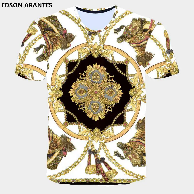 

Vintage 3D Golden Chain Print Hip Hop T-shirt Men 2019 Short Sleeve Luxury Baroque Brand Tees Summer Style Unisex Clothing Tops