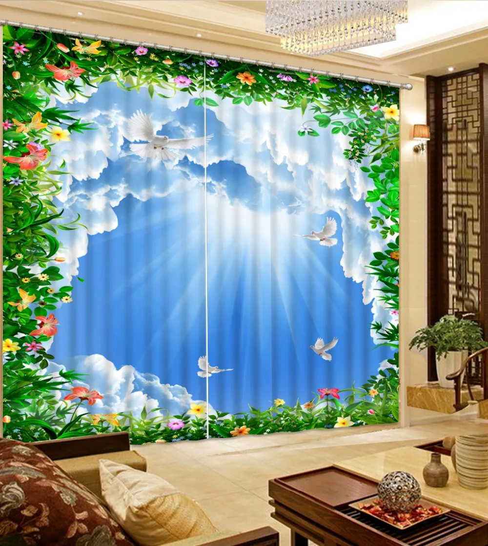 HD curtains 3d custom blackout window long curtain for the living room Sunlight white clouds | Дом и сад