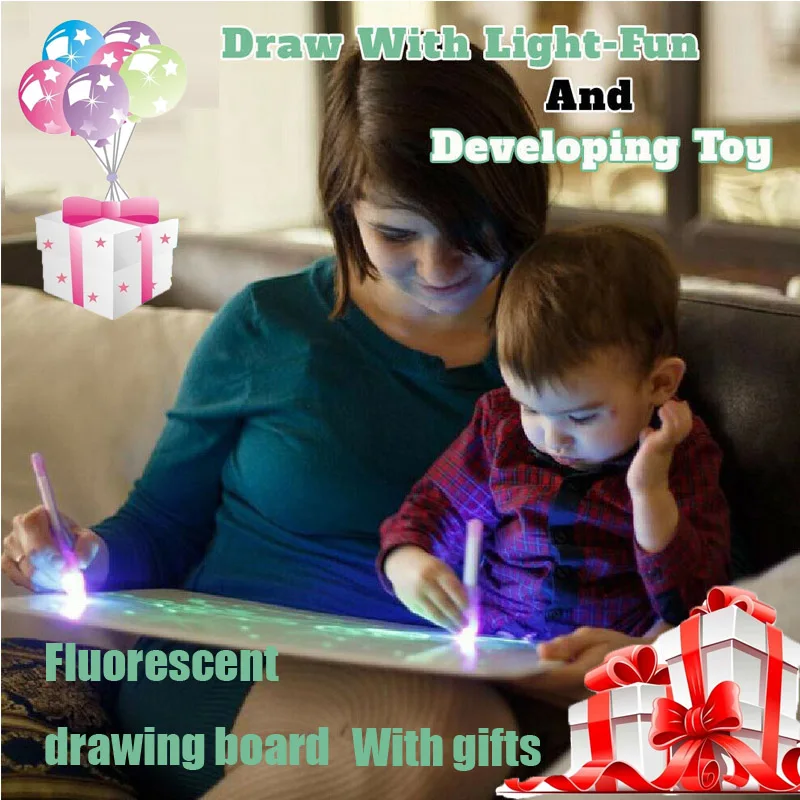 

A4 Size Tablet Draw with Light in Dark Funny Toys for Children Kids Drawing Board Set flashlight Pen Educational Tool