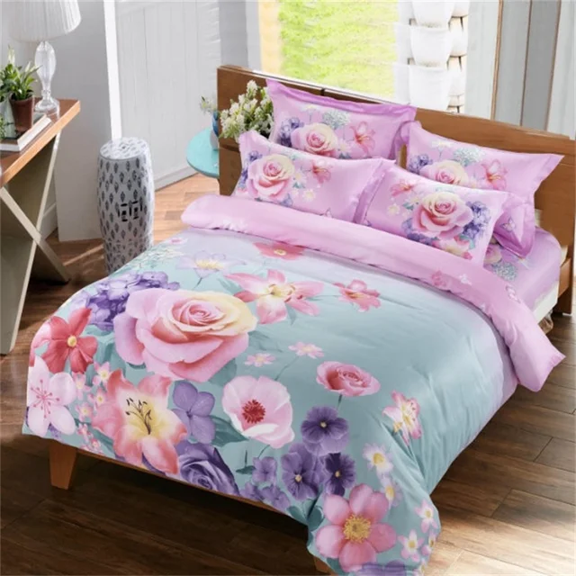 Pink and Purple Flowers Bedding Set Queen Size Cotton 3D Floral Printed