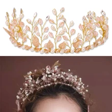Fashion Tiaras and Crowns Pink Rhinestone Pearl Hand Bridal Tiara Crown Jewelry Headband Bride Hair Accessory Wedding