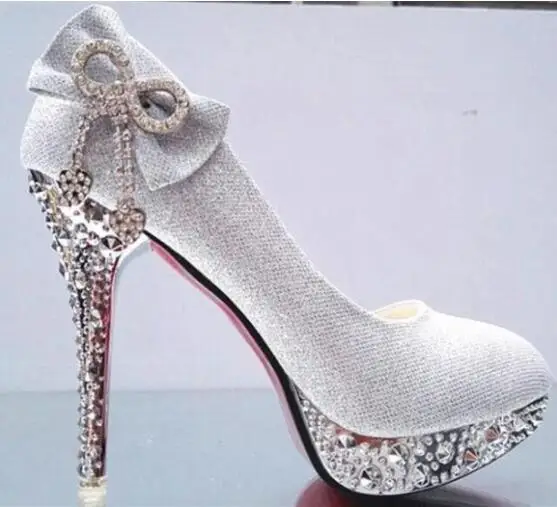 Женские свадебные туфли со стразами; женские вечерние туфли на высоком каблуке красного цвета для невесты; пикантные женские туфли-лодочки; блестящая белая свадебная обувь; 11 см - Цвет: 8 words  11cm silver