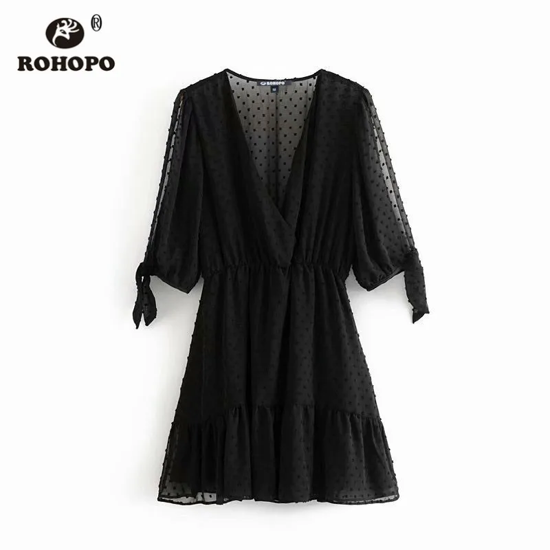 

ROHOPO EU Size Women Polk Dot Chiffon Tunic Dress Slit Half Sleeve Patchaork Ruffles Pleated Cute Girl Autumn Dresses #AZ9424