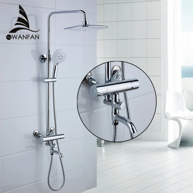 Kopen Douchekranen Brass Chrome Thermostatische Badkamer Muur Bad Kraan Regendouche Handheld Vierkante Mengkraan Sets JM 625L
