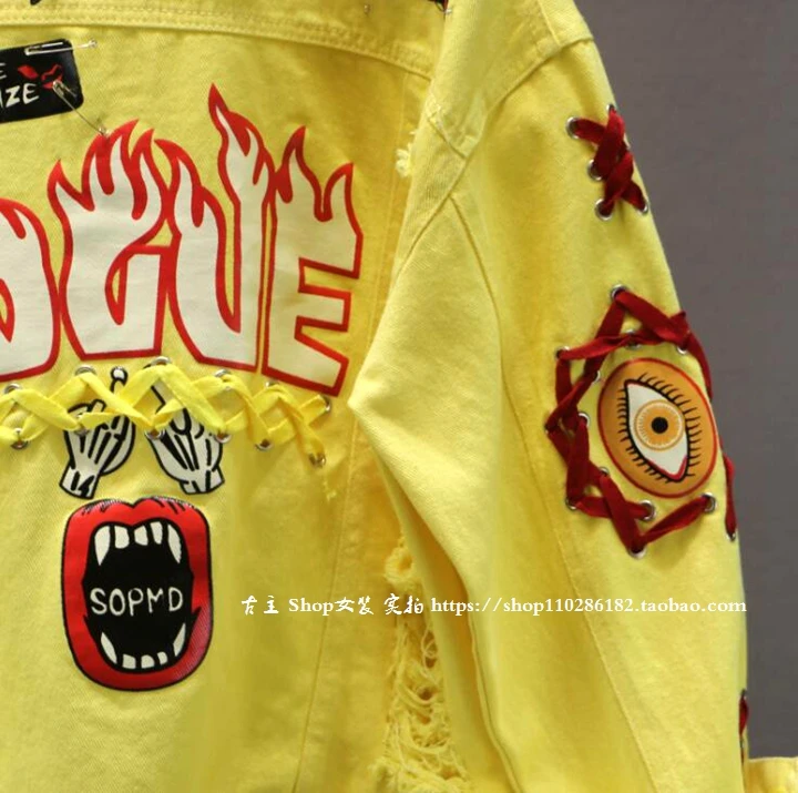 Greatest  Red / Yellow Jeans Jacket New Spring Autumn Women's Graffiti Alphabet Printing Lace Bow Pin Hole De