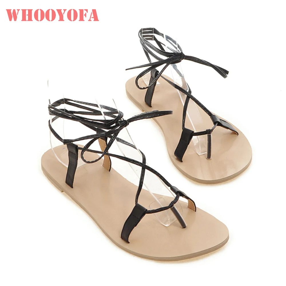 

2019 Brand New Lace up Soft Black Brown Women Sandals Sweet Flat Nude Lady Beach Shoes WH031 Plus Big Size 10 43 47 48