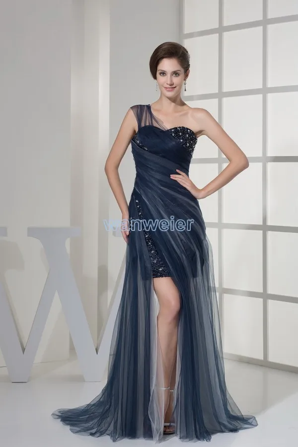 

free shipping 2013 new design one shoulder short front long back open leg dress crystal ladies beaded dresses sexy evening dress