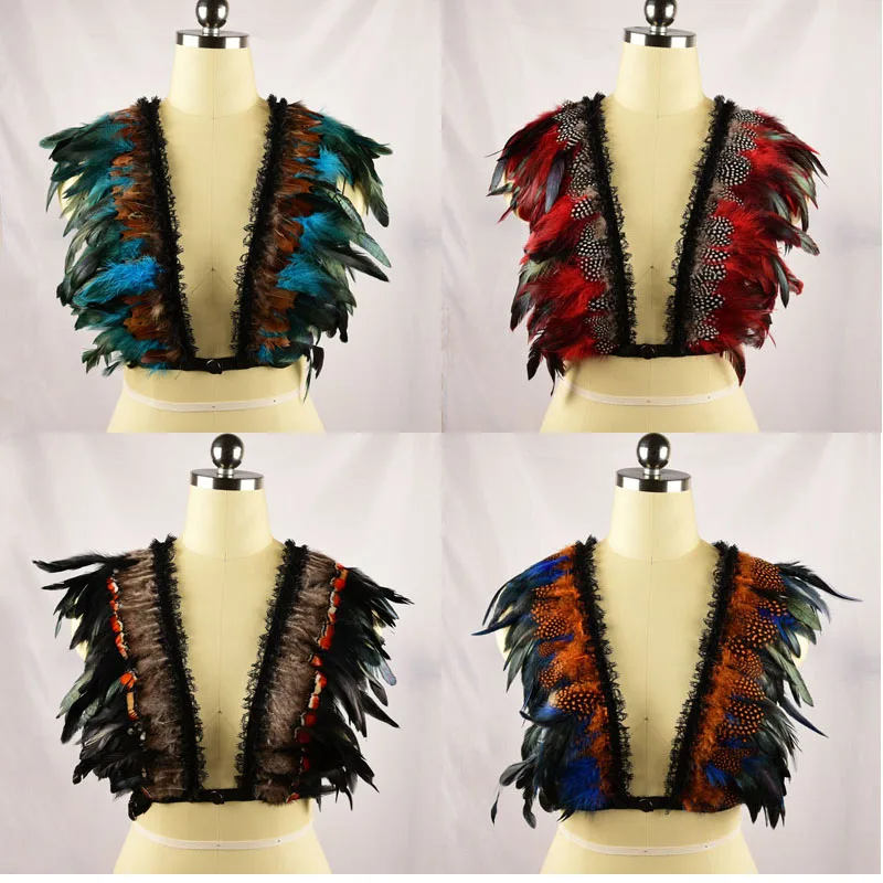 Natural lace & feather bra wings womans cage elastic harness top rave