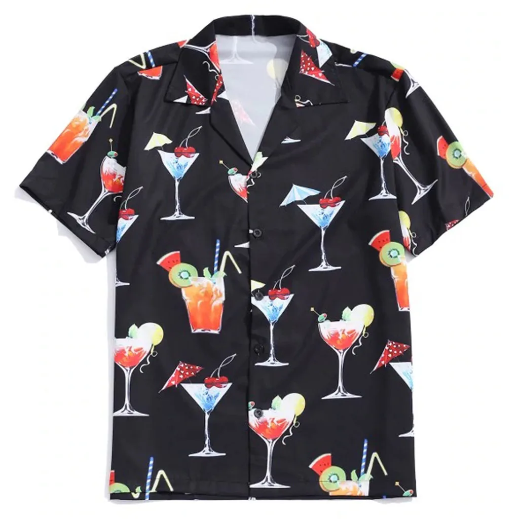 

Feitong Men Summer Fashion Lapel Cartoon Drink Print Short Sleeve Hawaiian Casual Shirt