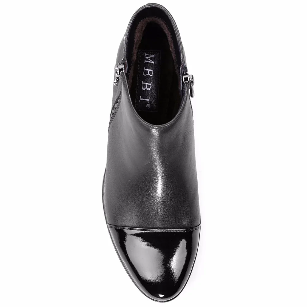 Noir Chaudes Carré Courtes Peluche Hiver Véritable Cheville Cuir Bout Mouton En De Chaussures Peau Mebi Femmes Rond Talon Bottes qTw188U