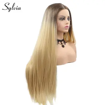

Sylvia Hand Tied Silky Straight Ombre Blonde Brown Hair Roots Wedding Hair Wigs Synthetic Lace Front Wigs for Women Daily Wear