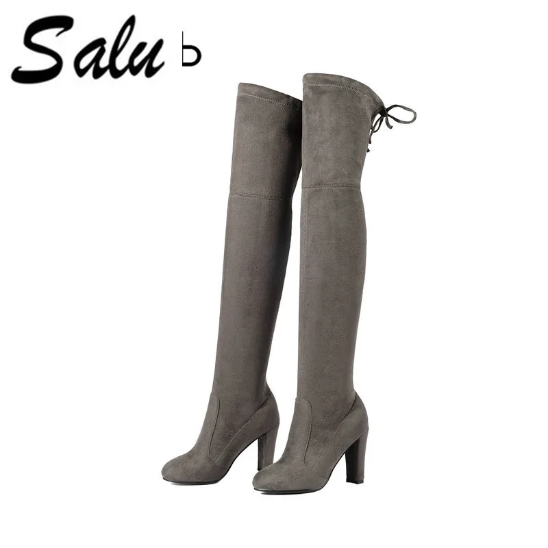 

Salu 2018 new Spring Over The Knee Boots Square High Heel Women Boots Sexy Ladies Lace Up Fashion Boots plus size 11 12