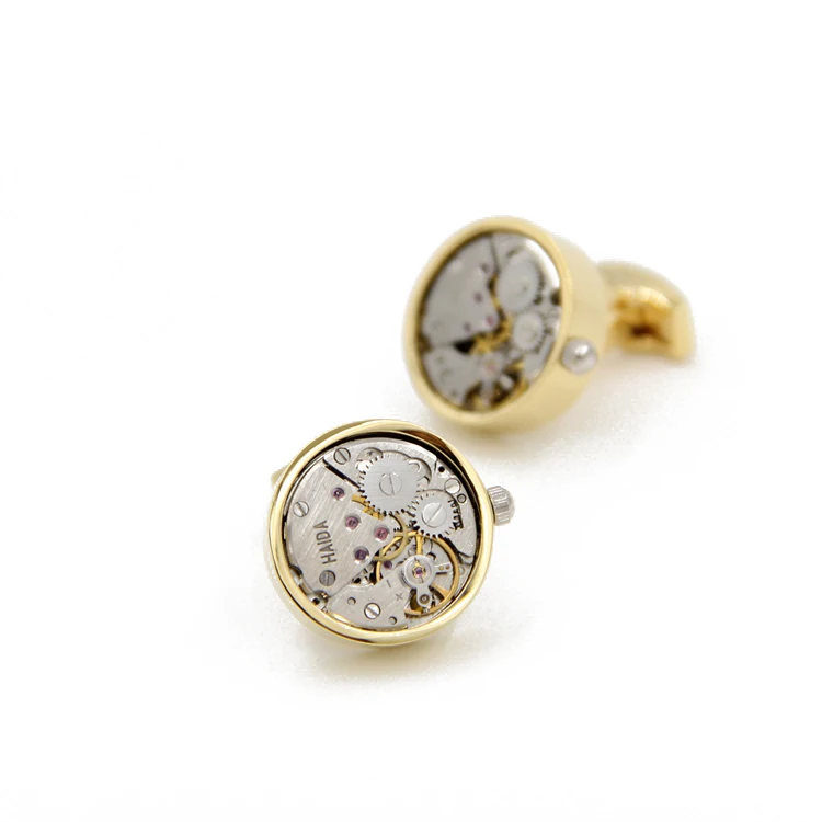 Letpon Functional Watch Cufflinks Gold color Round cufflinks men's  fashion Groom wedding Gift movement cuff links Free Shipping