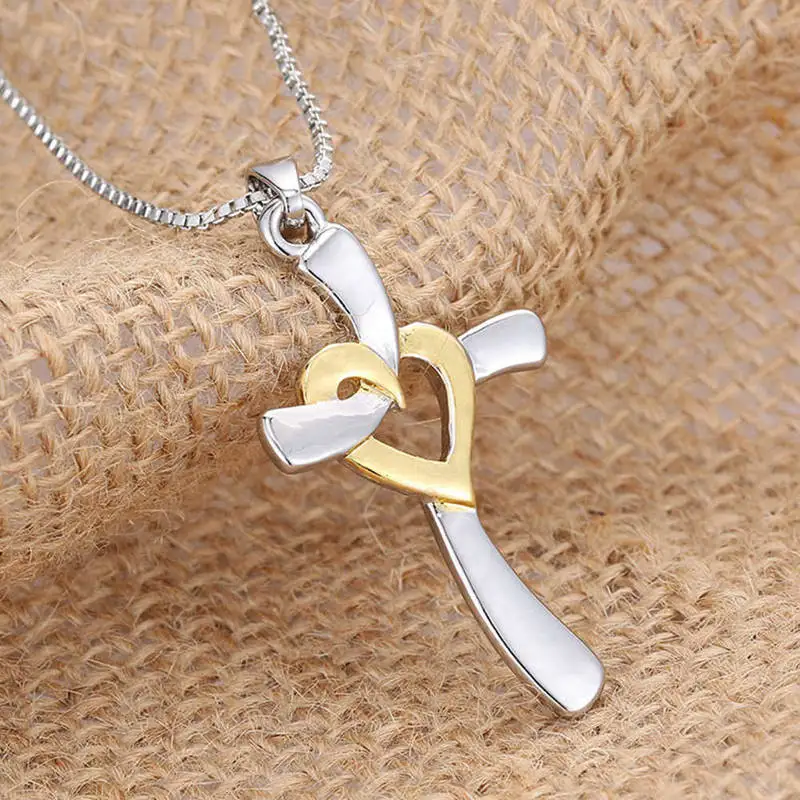 Religious Cross Heart Gold Silver Color Pendant Necklaces Jewelry Heart
