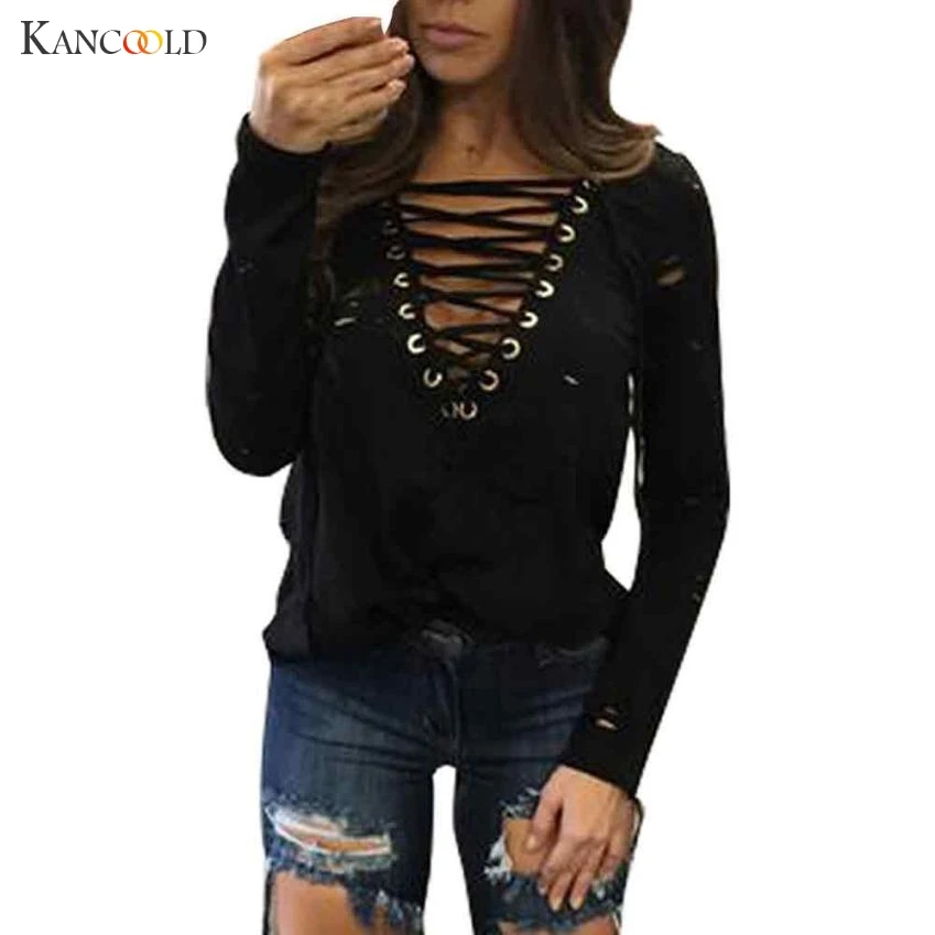 Hole Fashion Long Sleeve T Shirt Women Bandage Casual Loose Jumper