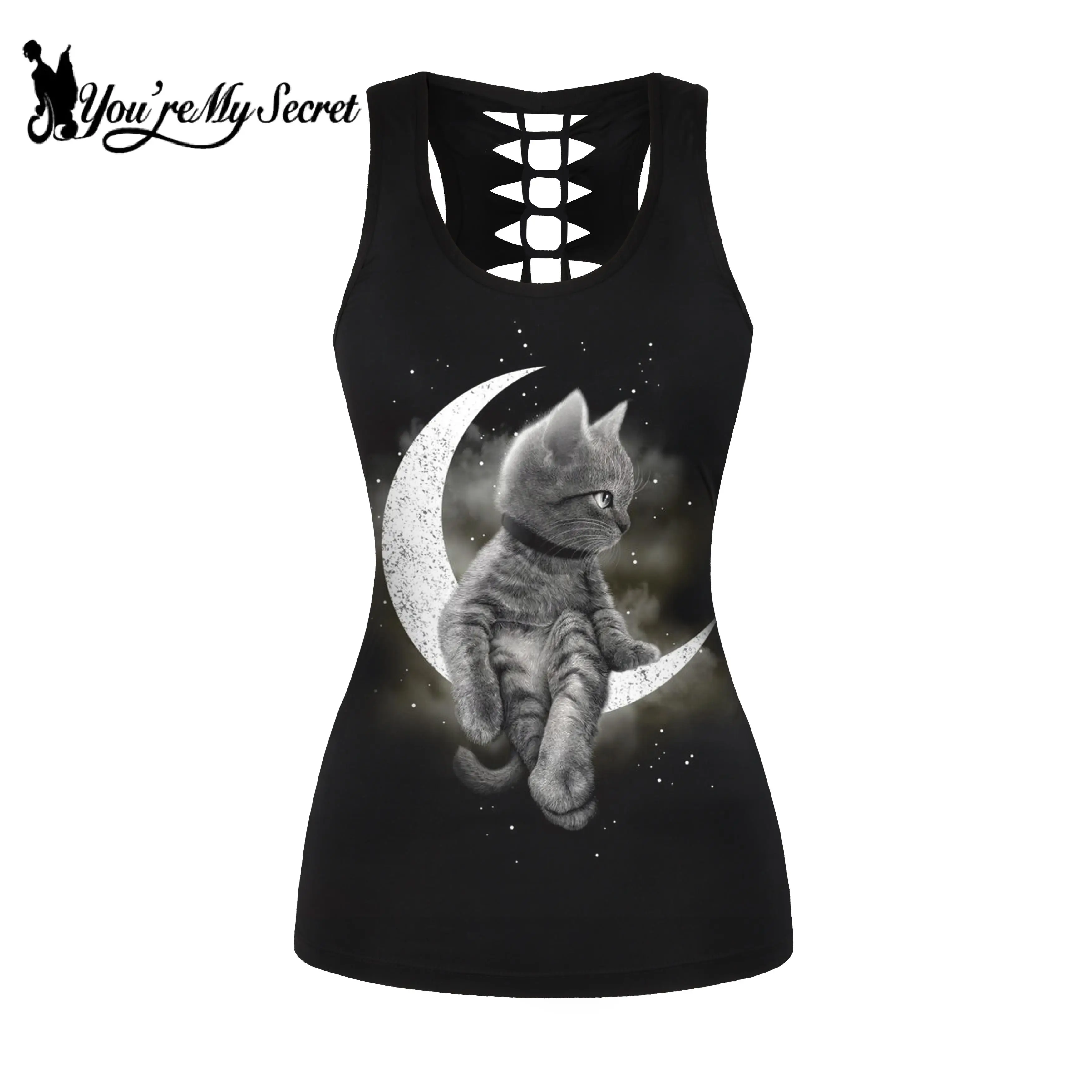 

[You're My Secret] Women Summer Hollow Top Cat And Moon Print Punk Vest Black Hollow Out Tank Top Fitness Clothing