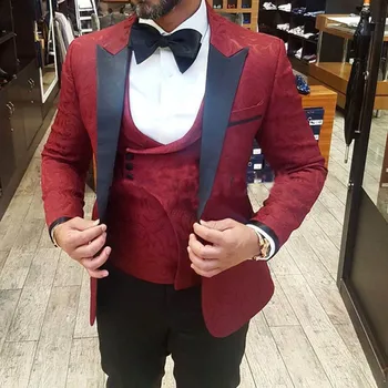 

Burgundy Paisley Wedding Suits For Men Double Breasted Vest Peaked Laple Slim Fit Terno Masculino Formal Groom Smoking Suit Mens