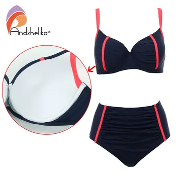 Image of Andzhelika New Women Swimsuit Plus Size XL-XL Bikini Sexy High Waist Beach Swimwear Fold Patchwork Bathing Suit Maillot de bain