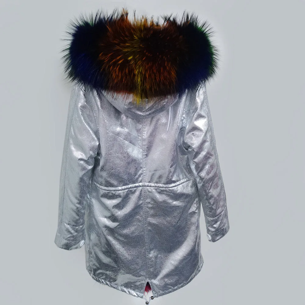 Зимняя куртка, съемная меховая подкладка из кроличьего меха, парка, Серебряное пальто, большой воротник из меха енота, пальто с капюшоном, парки, верхняя одежда