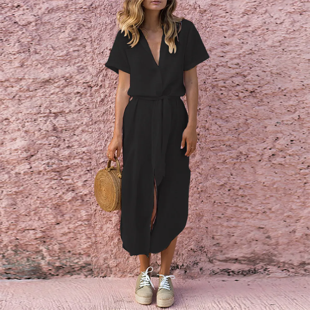 Women's Dresses Ladies Loose Short Sleeve  Mid-Calf Summer Dress Women Casual  Dress feminine With Belt Women's Clothing 19APR8