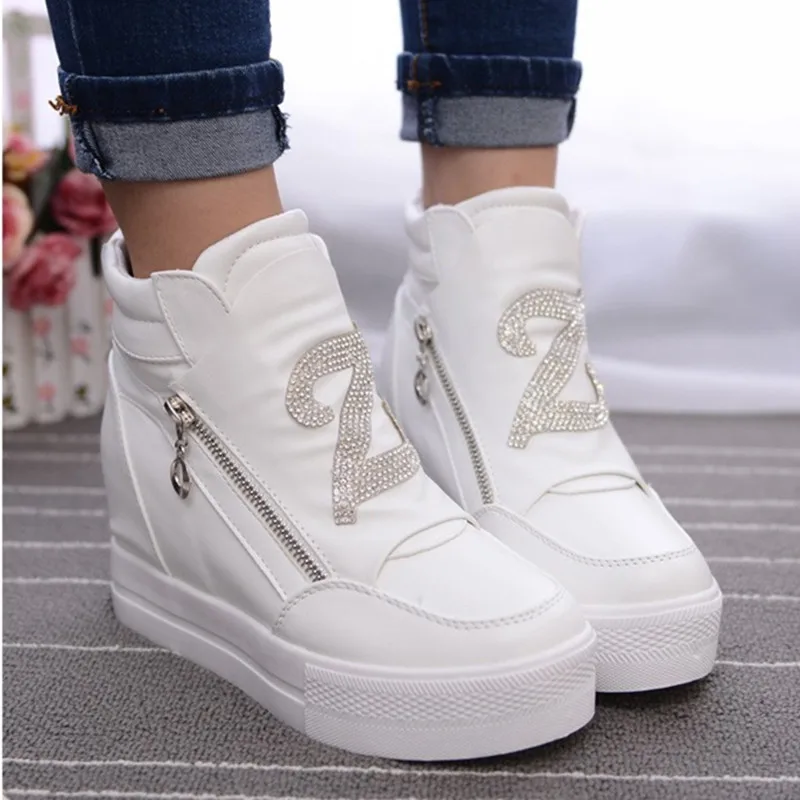  KUYUPP Casual Women Shoes Hide Heel Double Zipper Winter Shoes Women Round Toe Leather Platform Shoes White Casual Shoes S49 