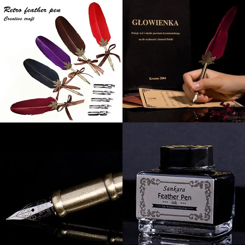 

HOT-creative craft vintage quill retro carved stainless steel enamel pen signature gift feather pen set