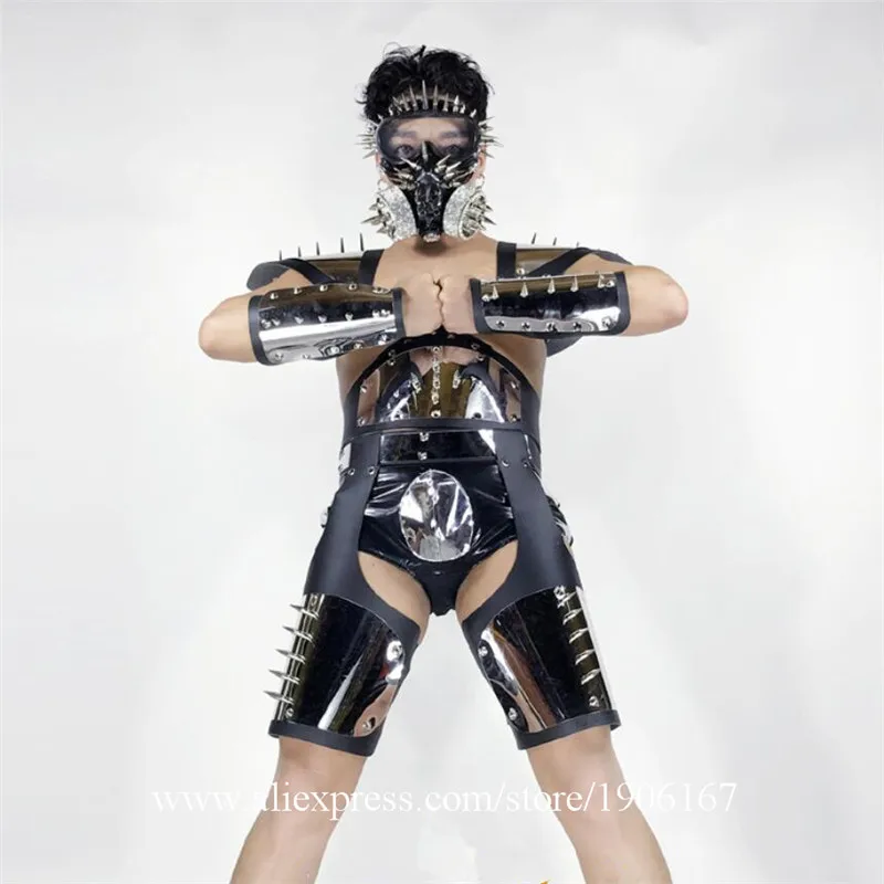 

Nightclub Men DS Rivet Mirror Armor Costume Dance Team Party Show Gothic Wild Male Performance Stage Clothes With Headwear
