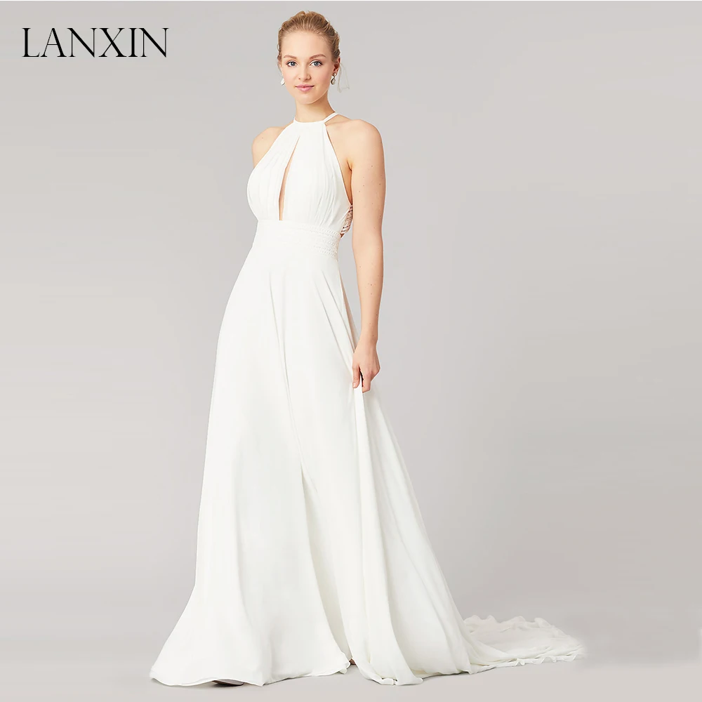

2019 Boho Bohemian Beach Wedding Dresses for Women Bride Halter Open Back Pleat Ruched Chiffon China Bridal Gown