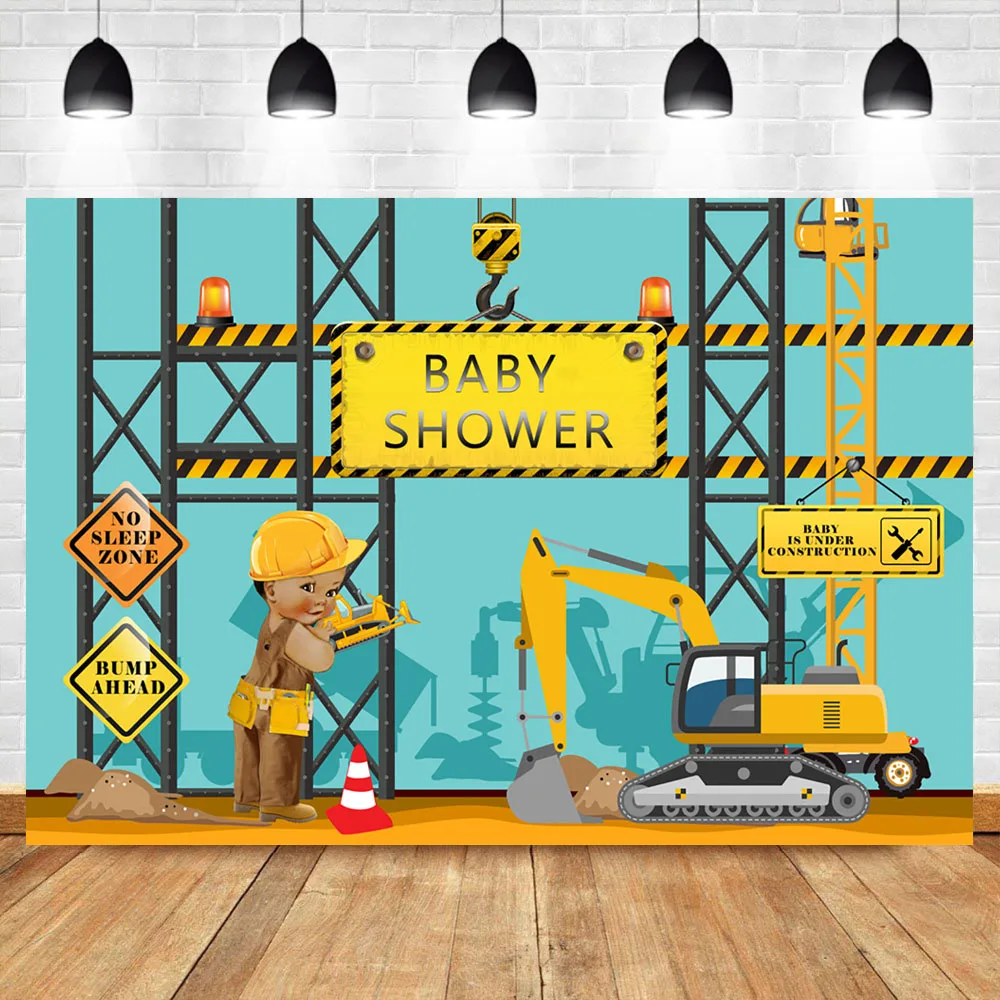

NeoBack Construction Baby Shower Backdrops It's a Boy Construction Yellow Trucks and Diggers Background Photography