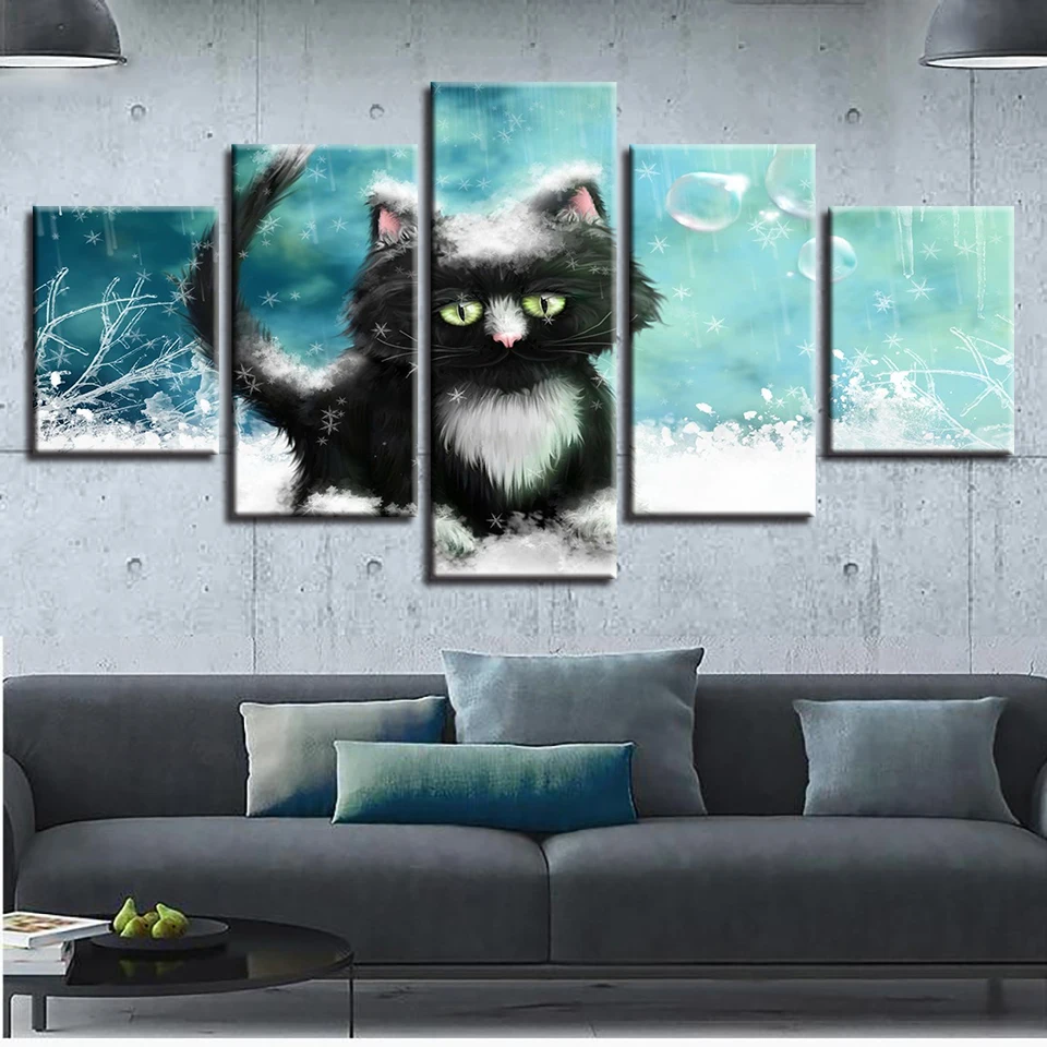 Home Decor For Living Room HD Prints 5 Pieces Animal Lovely Cat