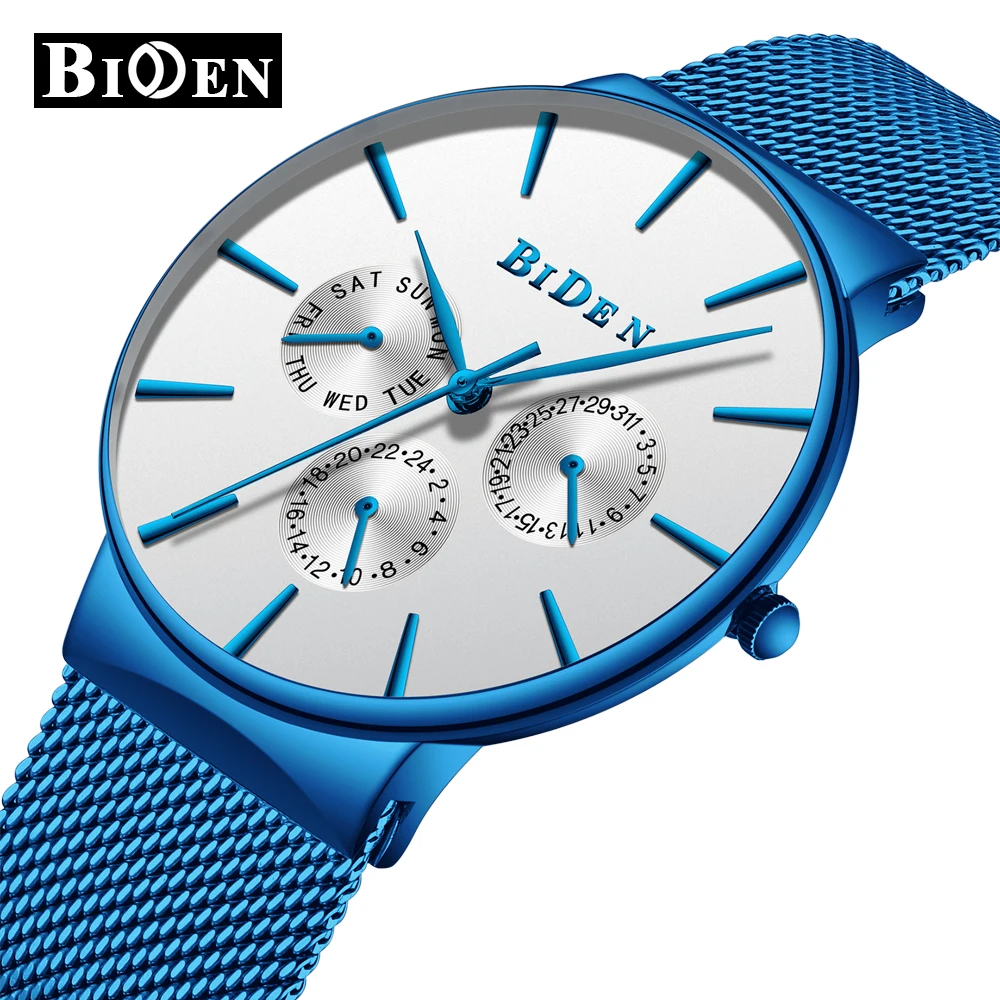 

BIDEN mans watches men luxury brand mens quartz watch for man luxury casual clock blue mesh belt military wrist watches 2018 new