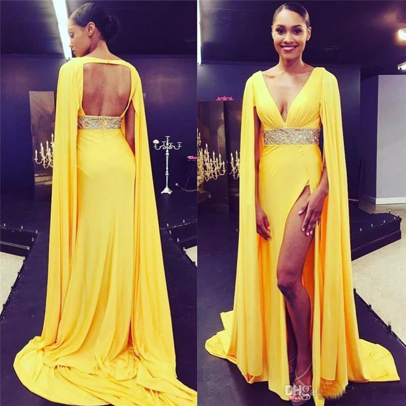 

2019 Sexy Deep V Neck Open Back Prom Dresses High Split Backless Celebrity Red Carpet Dress with Cape Long Evening Party Gowns