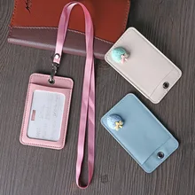 Милый чехол для карт с рисунком автобуса, ремешок для девочек, значок для работы, удостоверения личности, кролик, клубника, стильный кожаный держатель для карт, студенческий чехол с двумя картами