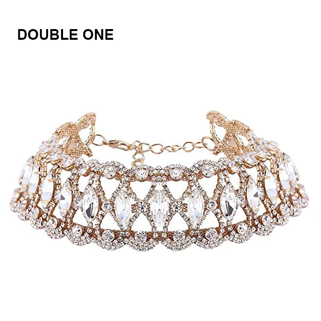 DOUBLE ONE Women Fashion Punk Wide Collar Necklace Jewelry Drop Alloy Rhinestone Choker Chockers
